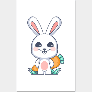 Cute bunny hiding carrots behind her body Posters and Art